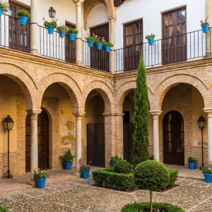 Brick Arcade Courtyard With Blue Accents