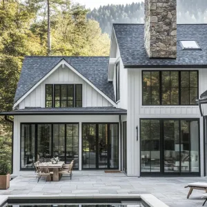 White Board and Batten Siding With Steel-framed Windows