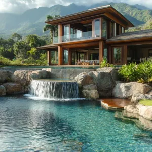 Pool With Waterfall Feature Into a Lower Level
