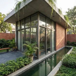 Glass Garden Pavilion Over Tranquil Rill