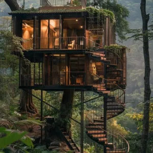 Multi-level Cabin With Spiral Staircase