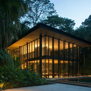 Illuminated Glass Haven in Jungle Twilight