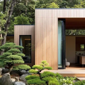 Wooden Zen Retreat among Sculpted Pines