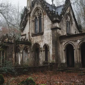 Gothic Revival Mansion in the Mist