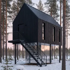 Midnight Stilt Cabin Over Snowfield