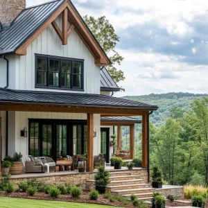 Wrap-around Porch With Rustic Wooden Beams