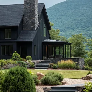 Dark Stone Facade With Large, Panoramic Windows