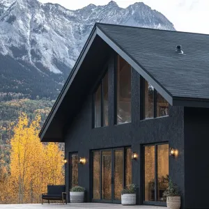 Black Stucco Exterior With Dark Walnut Porch