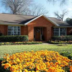 Brick Ranch Perfection: Blooming Front Entrance