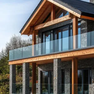 Timber Frame With Stone Pillars and Glass Balustrades