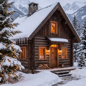 Emberlit Log Cabin In Deep Snow
