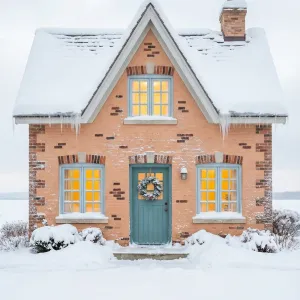 Peach Brick Cottage In Gentle Snowfall