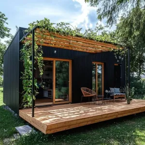 Minimalist Black Steel Exterior With Wooden Pergola