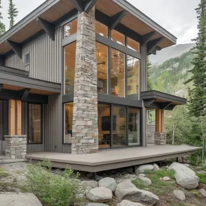 Two-Story Glass Cabin with Stone Chimney