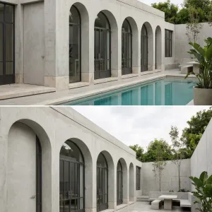 Arched Poolside Concrete Courtyard Retreat