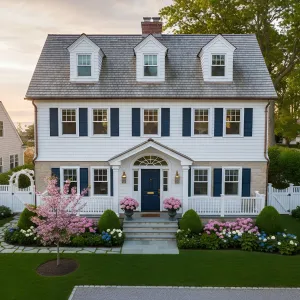 Blue-Shutter Gambrel With Garden Grace