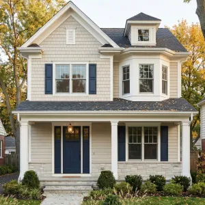 Navy Accents On Creamy Craftsman Cottage