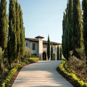 Cypress-lined Driveway Leading to a Hilltop Manor