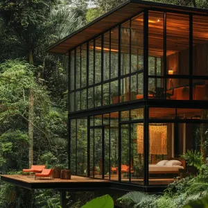 Glass-Walled Timber Cabin in Forest