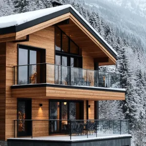 Natural Wood Cladding With Modern Glass Railings