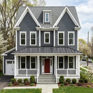 Deep Gray Porch With Red Welcome