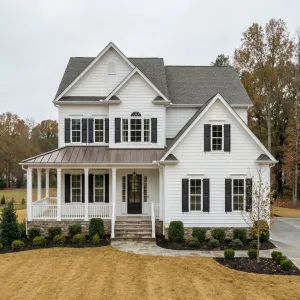Classic Farmhouse Porch With Dark Shutters