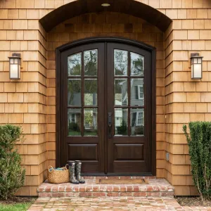 Shingled Entry With Arched Walnut Doors