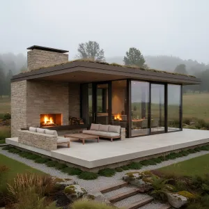 Meadow-Edge Stone Pavilion With Hearth