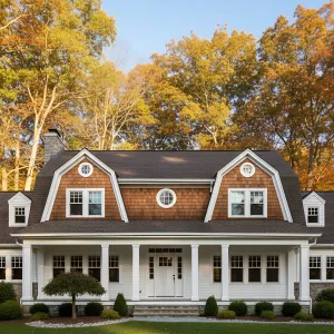 Warm Shingle Gambrel With Circle Lights