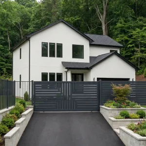 Forest Approach Home With Patterned Gate