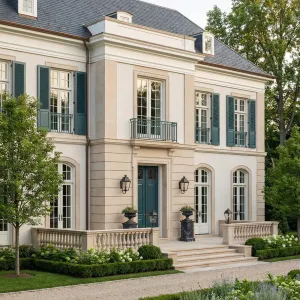 Slate Roof Manor With Teal Shutters