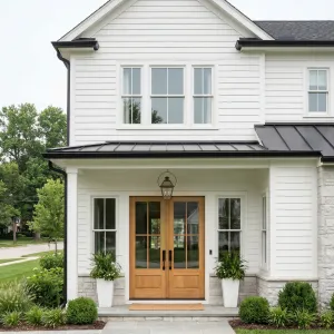Fresh Farmhouse Entry With Double Wood Doors