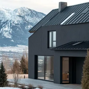 Black Metal Roof With Charcoal Stucco Walls
