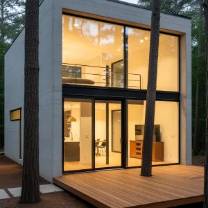 Concrete Cube Among Tall Pines