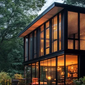 Black Metal Mesh Facade With Integrated Lighting