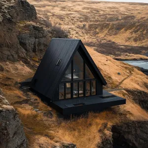 Black House Nestled in Rugged Terrain