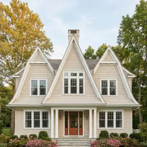 Cream Gabled Storybook Porch Residence