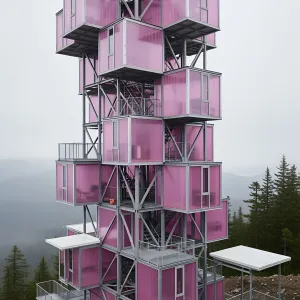 Pink Puzzle Tower Reaches for the Sky