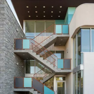Sky Staircase With Turquoise Guard Panels
