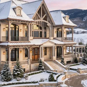 Timber Arch Manor At Snowy Dusk