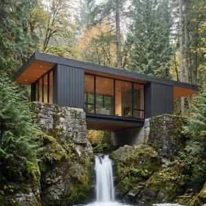 Forest Bridge Retreat Over Waterfall