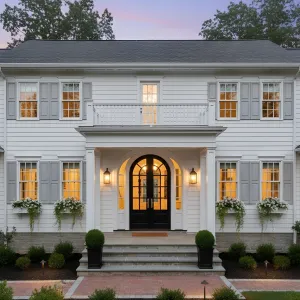 Arched-Entry Colonial in Soft Gray