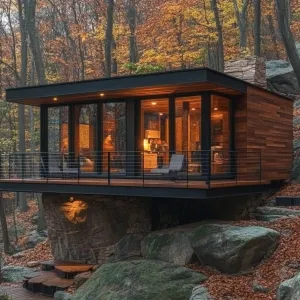 A Cozy Rock-Supported Modern Cabin