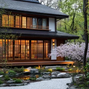 Blossom-Bordered Zen Dwelling Amid Verdant Whispers
