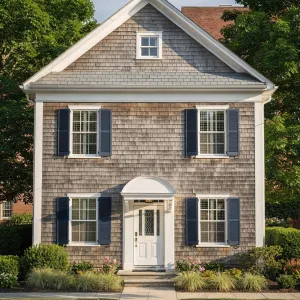 Classic Shingle Facade With Navy Shutters