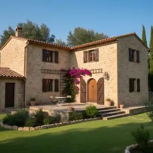 Sunlit Bougainvillea-Strewn Stone Farmhouse