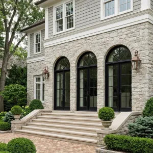 Courtyard Stonewalk Home With Black Arches