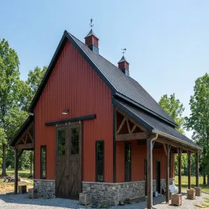 Stone-Base Red Barnhouse Porch