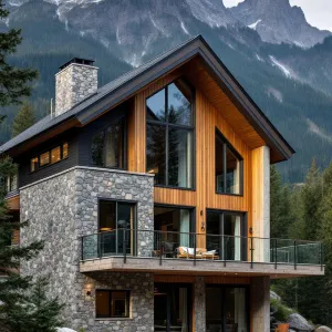 Rock-Faced Cabin Nestled in Majestic Peaks