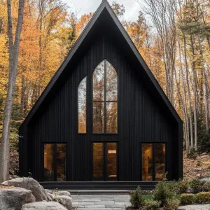 Charming A-Frame Black Cottage Amidst Autumn Woods